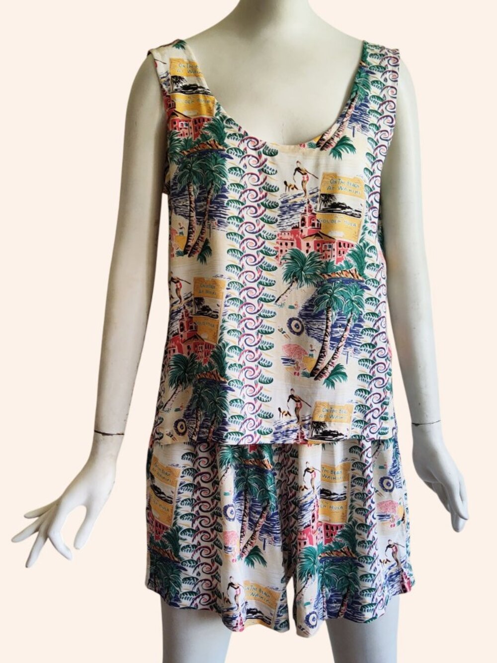 Kahala Hawiian Shorts Tank Top 2 Pc Set Retro Waikiki Surfer Beach Rayon Print L